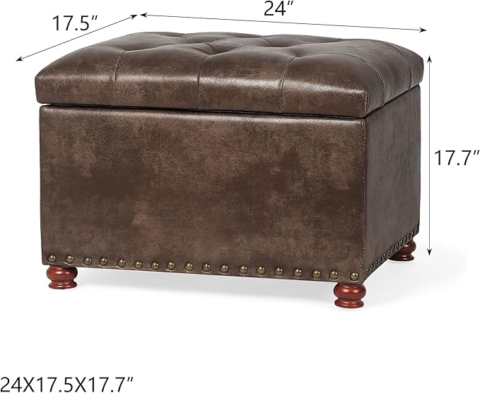 24'' Leather Ottoman with Storage Rectangle Foot Rest Ottomans Stool for Living Room(Brown,Leather Texture)-CasaMuseHome