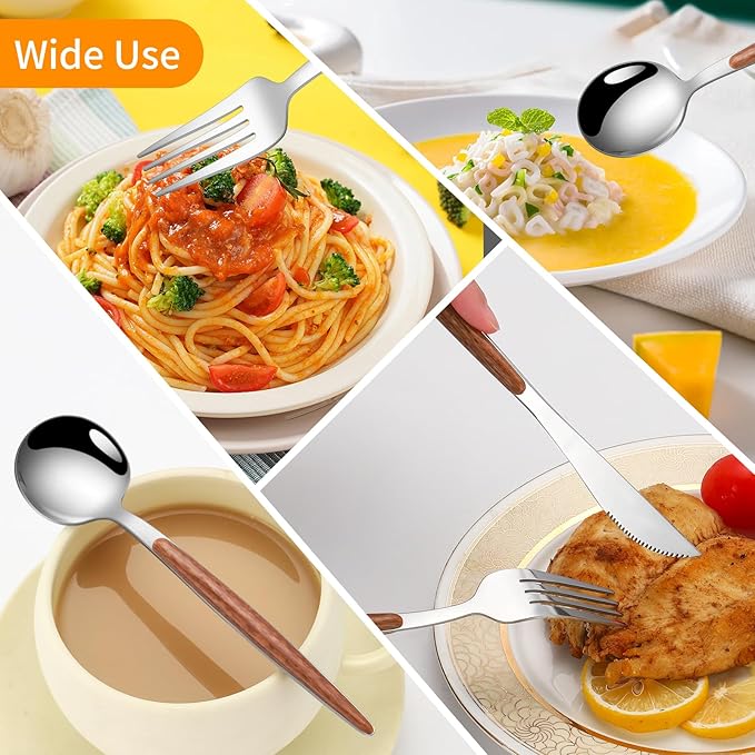 16 PCS Silverware Set for 4,Stainless Steel Flatware Cutlery Eating Utensils Set with Wood Grain Handle,Steak Knives Forks and Spoons for Home,Party,Mirror Polished and Dishwasher Safe-CasaMuseHome