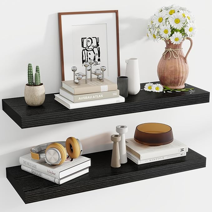 36 Inch Floating Shelves, 12 Inch Deep Floating Shelves for Wall, Floating Shelf with Invisible Brackets, Deep Shelves for Bathroom, Bedroom, Living Room, 2 Pack, Black-CasaMuseHome
