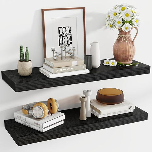 36 Inch Floating Shelves, 12 Inch Deep Floating Shelves for Wall, Floating Shelf with Invisible Brackets, Deep Shelves for Bathroom, Bedroom, Living Room, 2 Pack, Black-CasaMuseHome