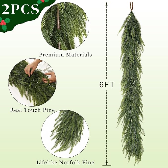 6FT Christmas Norfolk Pine Garland -2PCS, Artificial Pine Needles Garlands Faux Greenery Fake Garland for Holiday Fireplace,Table,Window,Stairs,Mante,Indoor Outdoor Decor-CasaMuseHome