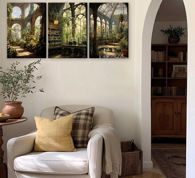 3pcs Framed William Morris Green Plants Canvas Wall Art Medieval Castle Posters Prints Gothictalian Landscape Painting Pictures Paintings Wall Decor for Living Room Bathroom Bedroom Decoration-CasaMuseHome