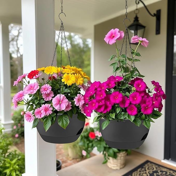 2 Pack Hanging Planters for Indoor Outdoor Plants, 12 Inch Self Watering Hanging Pot with Drainage Holes and Saucer, Plastic Plant Pots, Black Flower Pots for Kitchen, Balcony, Garden-CasaMuseHome