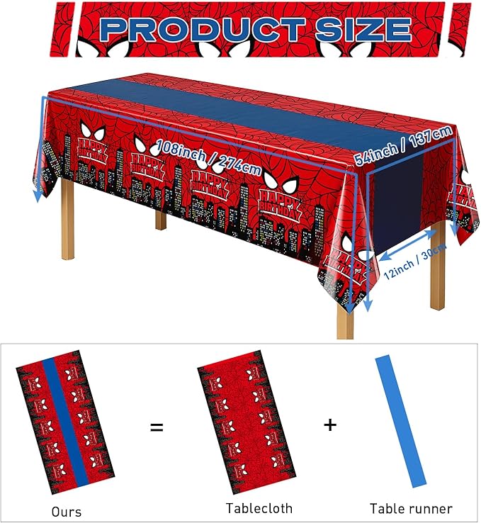 16Pcs 2in1 Spider Birthday Decorations Tablecloths, 54" x 108" Super Hero Spider Table Cloth Disposable Rectangle Plastic Table Cover for Boys Birthday Party Supplies-CasaMuseHome