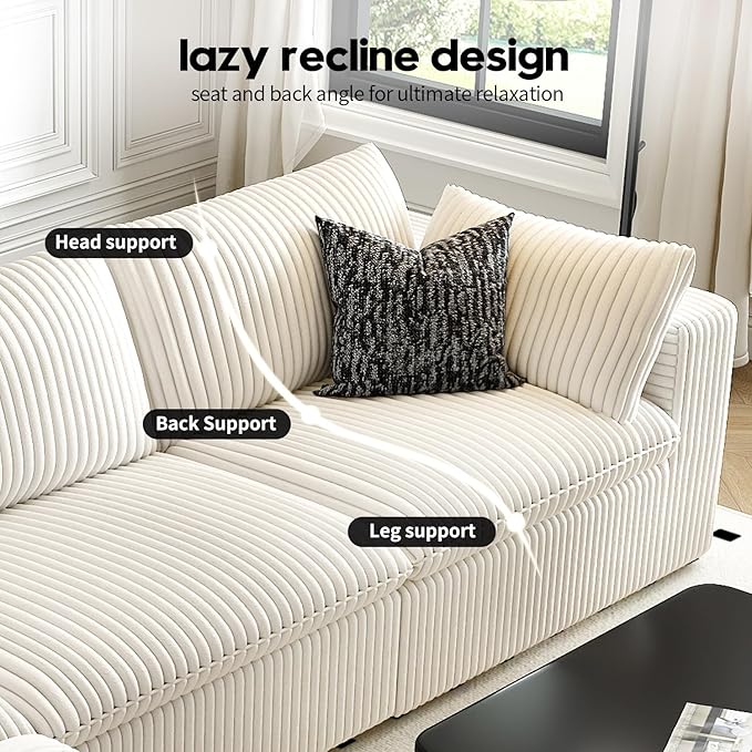 118" Cloud Couch Oversized Modular Sectional Sofa for Living Room,Modern Sofa with Deep Seat，V Shaped Boneless Couch,Comfy Upholstered Corduroy Couches for Apartment, Studio, Office,Bedroom，White-CasaMuseHome
