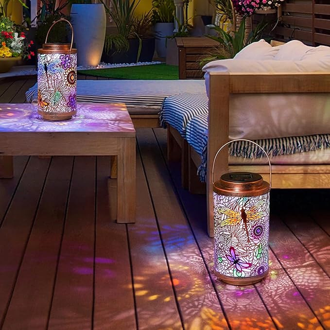 2Pack Solar Outdoor Lanterns Waterproof Multicolor Dragonfly Garden Gifts for Mom Women Backyard Lights Lanterns for Indoor,Outdoor, Porch, Outside,Mothers Day Gifts for Grandma Wife-CasaMuseHome