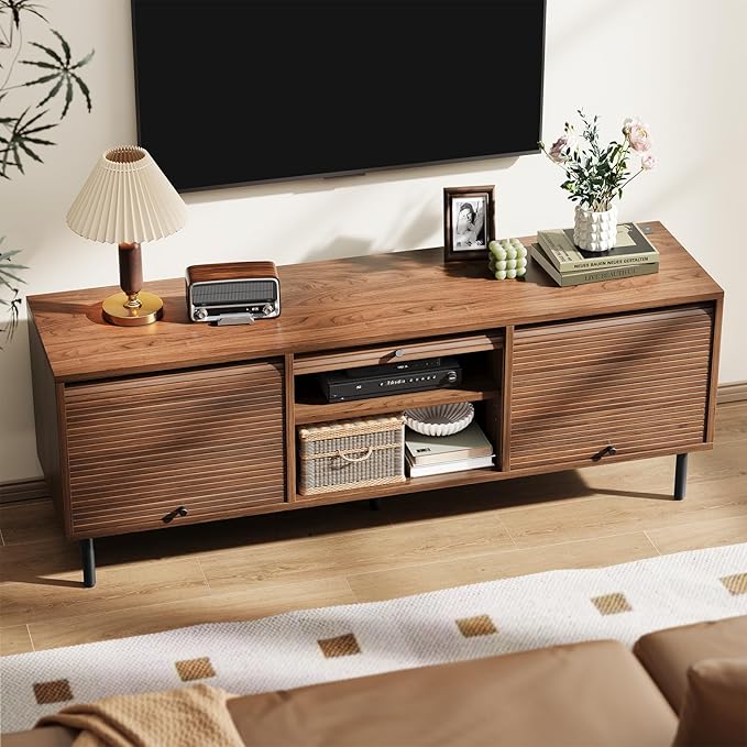 59 Inch TV Stand with Power Outlet for TVs up to 65 Inch, Entertainment Center with Storage, Mid-Century Modern TV Console, Adjustable Shelf & Sliding Doors, TV Stand for Living Room, Bedroom, Walnut-CasaMuseHome