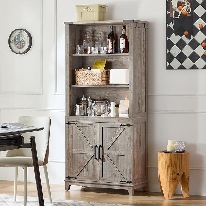 70in Tall Bookshelf 5 Tier Bookcase with Barn Doors and Adjustable Shelves, Grey Farmhouse Book Shelf with Storage Cabinet, Wood Freestanding Display Bookshelves for Bedroom, Kitchen (2PCS)-CasaMuseHome