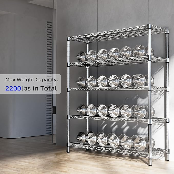 2200 Lbs 5 Tier Storage Rack Metal Wire Shelving Unit, Storage Standing Shelf Organizer for Laundry Bathroom Kitchen Pantry Closet Garage, Chrome 17.7" D x 59.1" W x 70.4" H-CasaMuseHome
