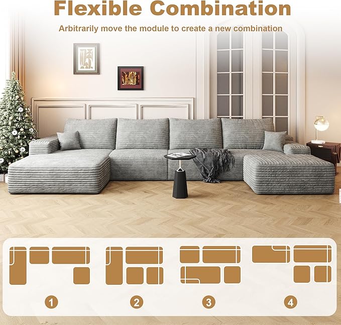 136" Sectional Couches for Living Room Modern Modular Sofa with L-Shape Couchs Upholstered Boneless Couch Deep Seat Sectional Couch with Chaise (Grey, Left Facing Chaise+3Seaters+Ottoman)-CasaMuseHome