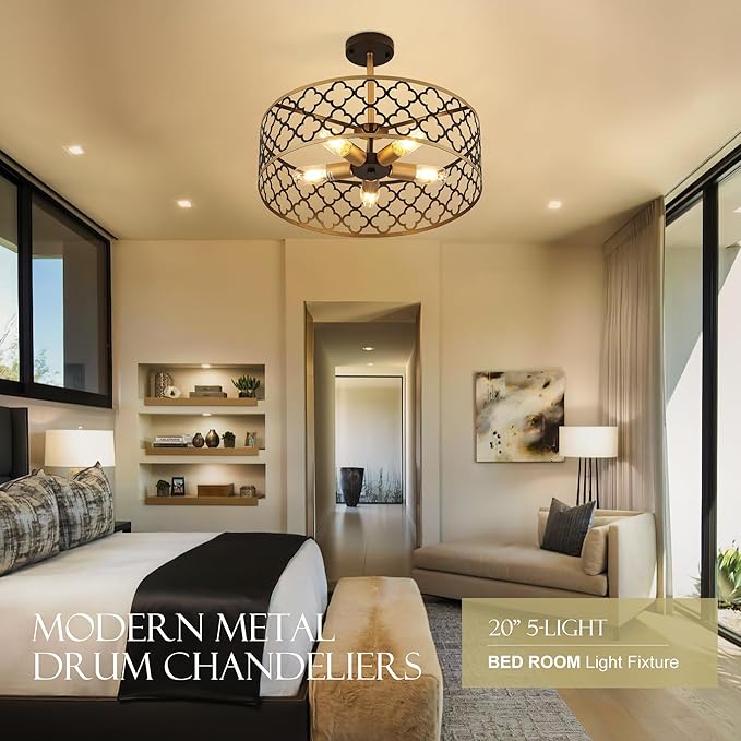 5-Light Drum Chandeliers for Dining Room,19.7" Rustic Farmhouse Dining Room Light Fixture, Black&Gold Metal Hanging Pendant Light for Living Room Bedroom Kitchen Entryway Foyer-CasaMuseHome