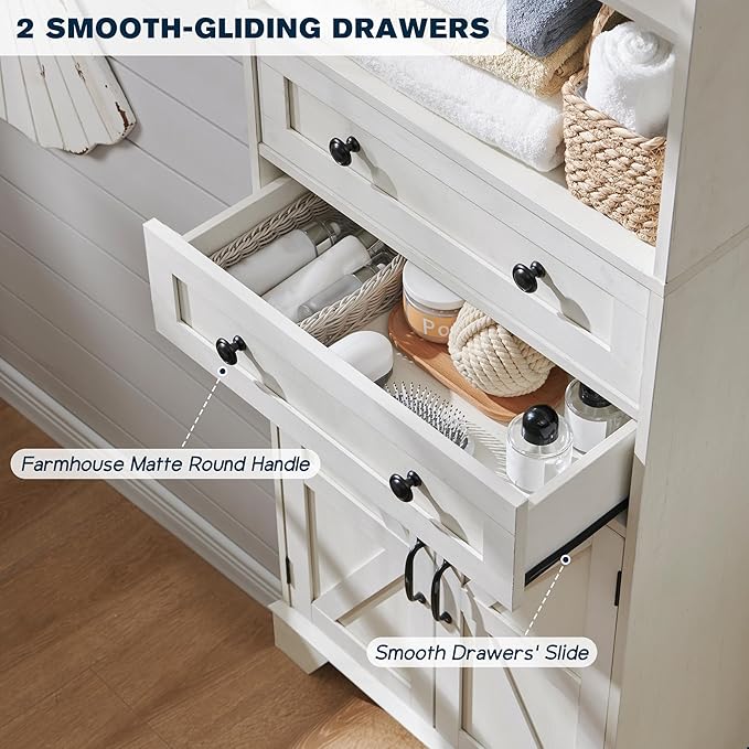72" Tall Bathroom Storage Cabinet, Farmhouse Storage Cabinet with 2 Drawers, Adjustable Shelves & Barn Door, Cabinet for Bathroom, Living Room, Kitchen, Off White-CasaMuseHome
