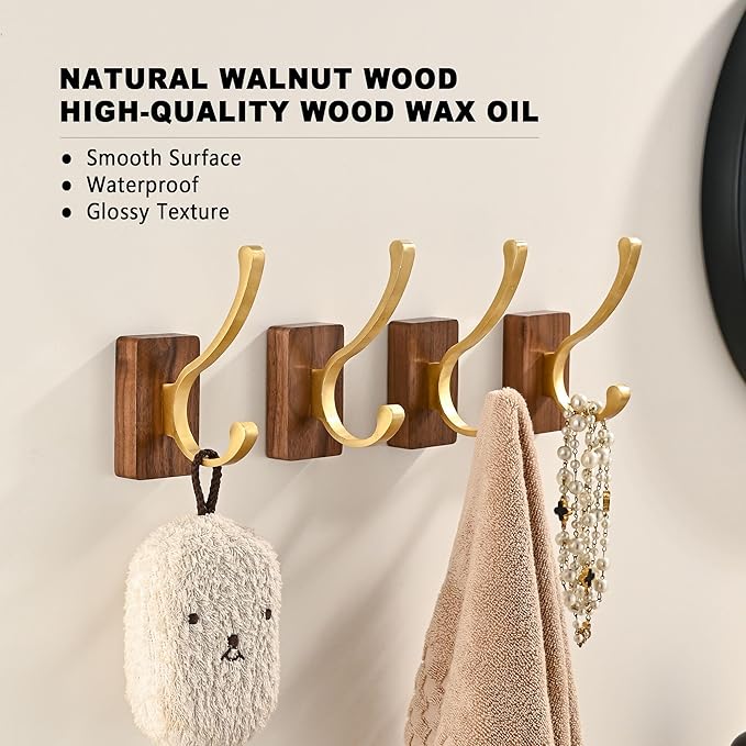 4 Pack Wooden Wall Hooks for Hanging, Adhesive Mounted & Wall Mount Nature Wood Coat Hook for Towel Clothes Blanket Hat Backpack Robe Nursery Door Board Entryway Key Holder Brushed Gold-CasaMuseHome