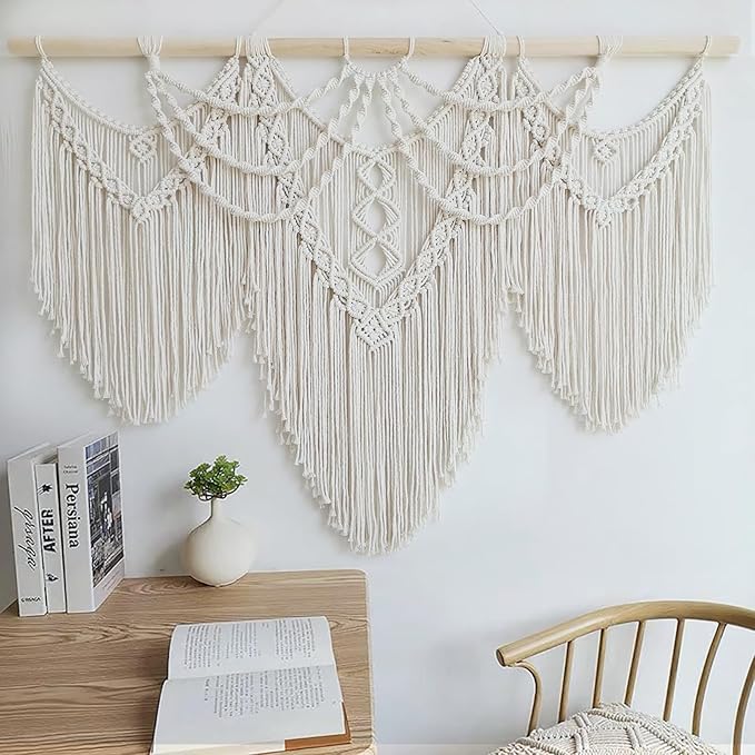 Achart Macrame Wall Hanging Large- Boho Wall Decor- large wall art- Wall Decor Living Room- Macrame Tapestry Boho Decor for Bedroom (Beige-Fringe)-CasaMuseHome