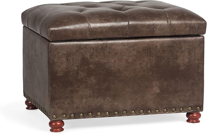 24'' Leather Ottoman with Storage Rectangle Foot Rest Ottomans Stool for Living Room(Brown,Leather Texture)-CasaMuseHome