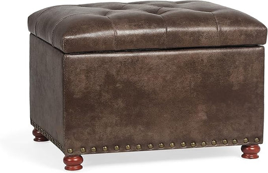 24'' Leather Ottoman with Storage Rectangle Foot Rest Ottomans Stool for Living Room(Brown,Leather Texture)-CasaMuseHome