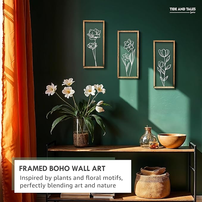 3D Floral Green Wall Art (Set of 3) Lightweight, Wooden Ready-to-Hang Boho Framed Wall Art for Bathroom, Master Bedroom, Living Room or Office - Premium Sage Green Farmhouse Decor - Gift-Boxed-CasaMuseHome