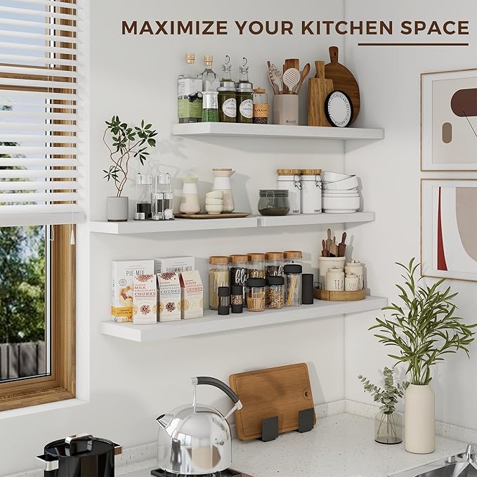 36 inch Floating Shelves Wall Shelves for Office with Invisible Brackets, 8 inch Deep Shelves for Bathroom, Living Room, Kitchen, Office, 36x7.9 inch deep Set of 2, White-CasaMuseHome