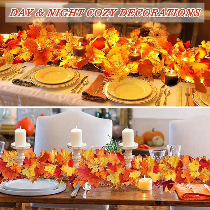 4 Pack Fall Decor Garland - Fall Thanksgiving Decorations for Home - 23.6Ft Maple Leaves Garland with Lights Battery Operated for Mantle Fireplace Table Indoor Outdoor Autumn Halloween Christmas Decor-CasaMuseHome