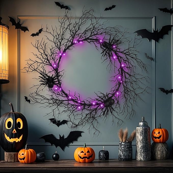 24 Inch Halloween Wreath for Front Door - Lighted Black Spider Wreath with Purple LED Lights, Outdoor/Indoor Spooky Decorations for Halloween Party, Porch, Holiday Home Decor-CasaMuseHome