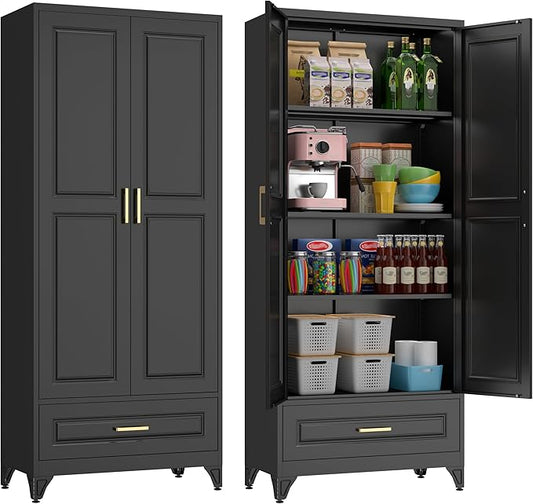 75" Kitchen Pantry Cabinet with Drawer, Metal Storage Cabinets with Doors and Adjustable Shelves, Black Tall Pantry Cabinet for Dinning Living Room, Home Office-CasaMuseHome