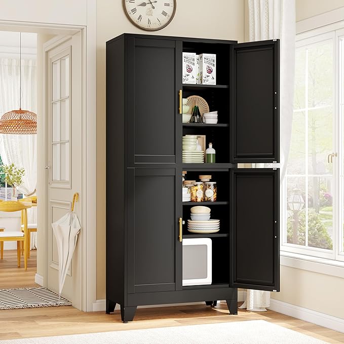 75.2" Tall Metal Pantry Cabinet, Storage Cabinets with 4 Door and 4 Adjustable Shelves, Black Kitchen Pantry Storage Cabinet, Freestanding Cupboard for Kitchen Dining Room Living Room Bathroom-CasaMuseHome