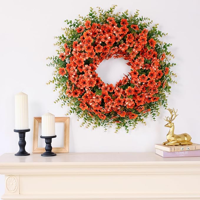 26" Fall Wreath for Front Door, Porch, Window - Large Artificial Boxwood Leaves with Fake Daisy Flowers Outdoor Wreath Faux Eucalyptus for Home Farmhouse Harvest Festival Thanksgiving Day Autumn Decor-CasaMuseHome