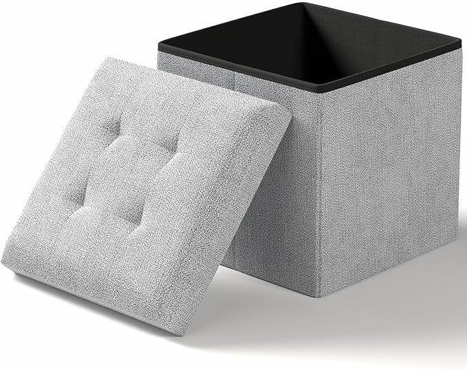 15 Inches Small Folding Storage Ottoman Cube, Storage Footrest, Foot Rest Stool, for Living Room, Bedroom, Dorm, Hallway, Entryway, Light Gray-CasaMuseHome