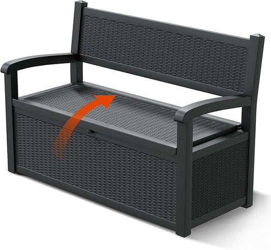 70 Gallon Outdoor Storage Box, Resin Patio Furniture with Armrest, Lockable Deck Box with Waterproof and UV Resistant for Patio Cushions, Garden Tools and Pool Supplies, Black-CasaMuseHome