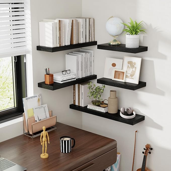 24 Inch Floating Shelves, 8 Inch Deep Floating Shelves for Wall, Hanging Shelf with Invisible Brackets, Deep Shelves for Bathroom, Bedroom, Living Room, Black, Set of 2-CasaMuseHome