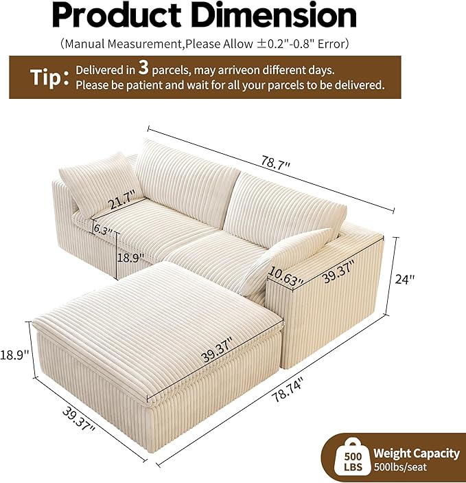 78.74" L Shaped Modern Sofa Modular Sectional Cloud Couch with Ottoman,Upholstered Couches with Plush Corduroy Fabric for Living Room Furniture,Bedroom and Apartment,No Assembly Required,White-CasaMuseHome