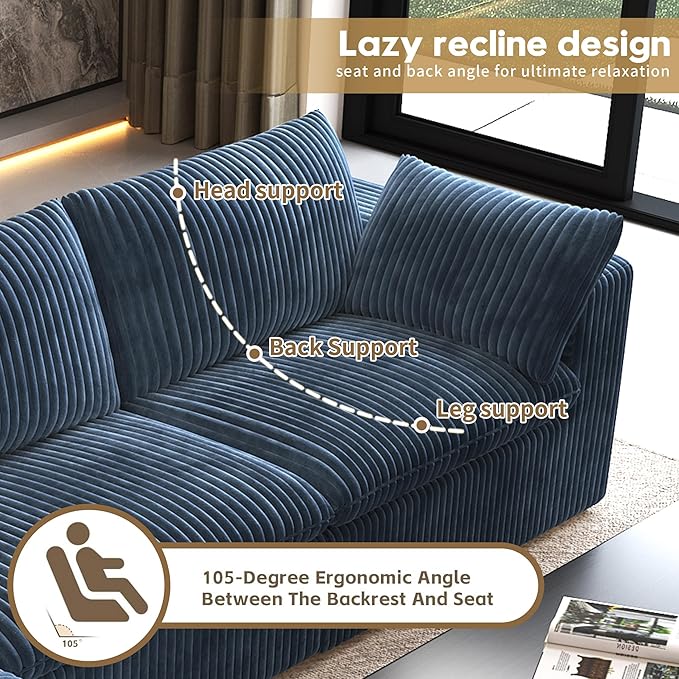 118" 6-Seater Cloud Sofa,Modular Sectional Couch with Ottoman,Modern Deep Seat Upholstered Couches with Plush Corduroy Fabric for Living Room Furniture,Bedroom and Apartment,No Assembly Required,Blue-CasaMuseHome