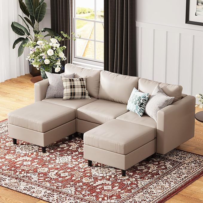 91.5" Faux Leather U Shaped Modular Sectional Sofa, 5 Seater Couch with Movable Ottoman Deep Seat and Storage Seat with Removable Cover for Living Room, Apartment - Whitesand-CasaMuseHome