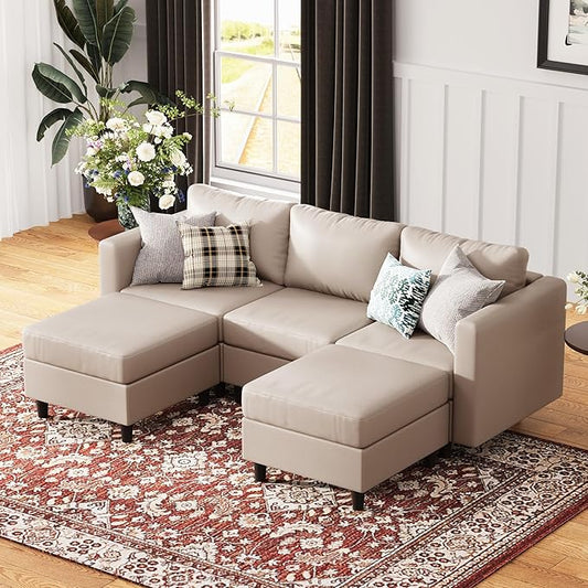 91.5" Faux Leather U Shaped Modular Sectional Sofa, 5 Seater Couch with Movable Ottoman Deep Seat and Storage Seat with Removable Cover for Living Room, Apartment - Whitesand-CasaMuseHome