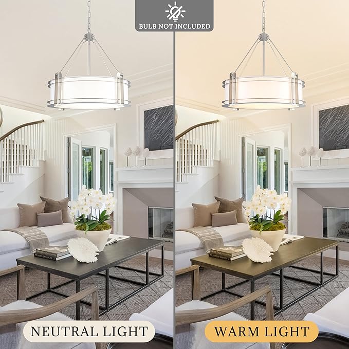 20.4''Drum Chandelier,5-Light Brushed Nickel Modern White Fabric Chandeliers,Farmhouse Round Pendant Light Fixture for Dining Room Kitchen Island Living Room Bedroom Hallway-CasaMuseHome