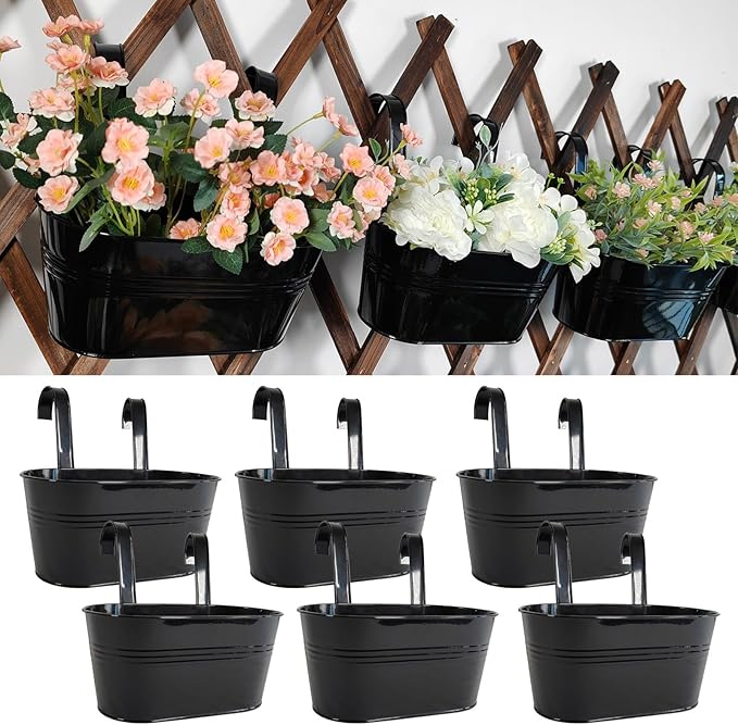 6 Pack Metal Hanging Planter for Outdoor Plants, 10 Inch Black Fence Planters Railing Pots for Garden Patio Balcony Decor, Flower Bucket with Detachable Hooks (Black, 6Pcs)-CasaMuseHome
