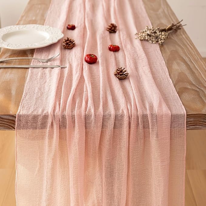 6pcs Pink Gauze Rustic Cheesecloth Table Runner 120 Inch 10 FT for Wedding Baby Shower Bridal Shower Birthday Engagement Garden Outdoor Party Long Sheer Boho Decorations-CasaMuseHome