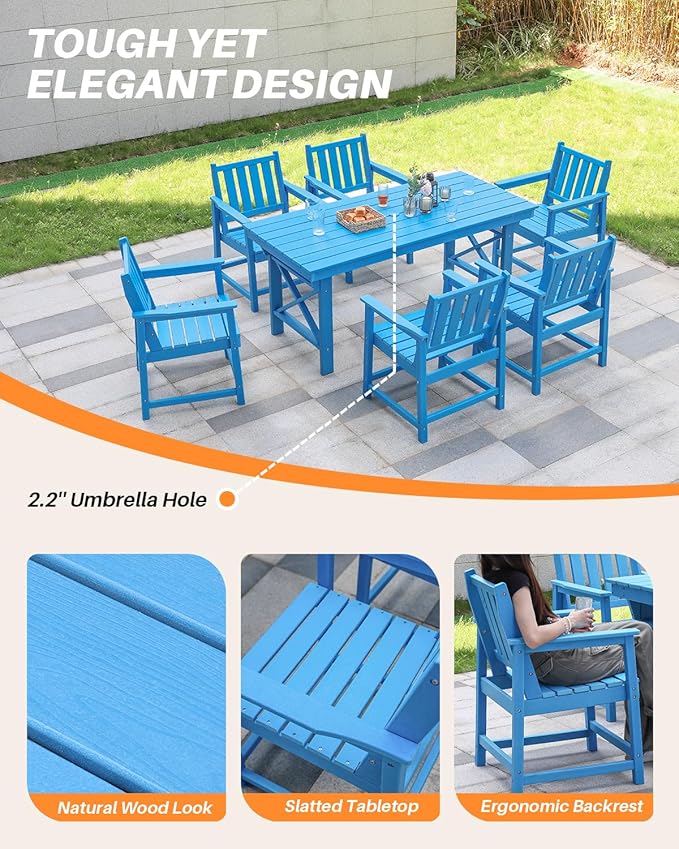 7 Pieces HDPE Outdoor Dining Set, Patio Dining Set with Umbrella Hole, All Weather Outdoor Dining Table Sets for 6, HDPE Patio Furniture Sets for Deck, Backyard, Lawn, and Poolside, Sky Blue-CasaMuseHome