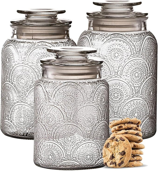 Le'raze Food Storage Containers with Airtight Lids - Retro Design - Pantry Organization, Glass Canisters Storage for Cookies, Tea, Sugar, Candy Jars, Sugar Packet, Set of 3-CasaMuseHome