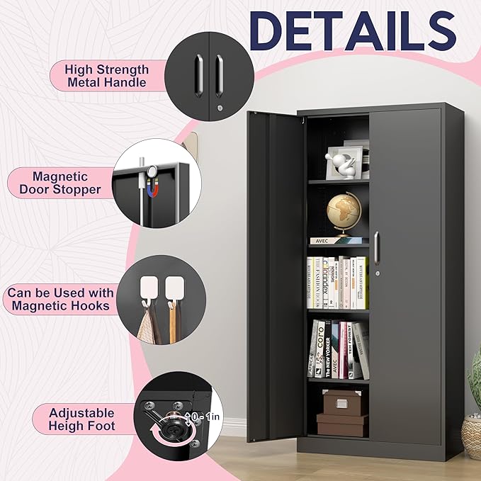 71" Garage Storage Cabinets with Lock, Cabinets with Doors and Shelves, Kitchen Pantry Cabinet, Metal Cabinet for Office, Garage, Shop, School, Assemble Required, Black-CasaMuseHome