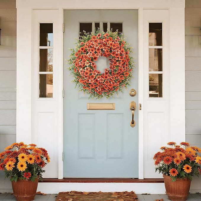 26" Fall Wreath for Front Door, Porch, Window - Large Artificial Boxwood Leaves with Fake Daisy Flowers Outdoor Wreath Faux Eucalyptus for Home Farmhouse Harvest Festival Thanksgiving Day Autumn Decor-CasaMuseHome