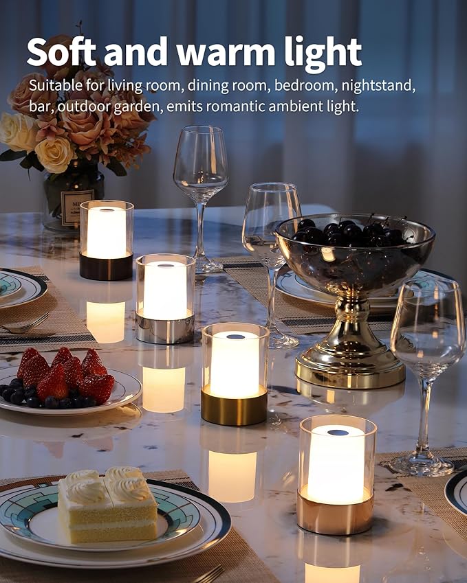 4" Mini Dining Table Light 2 Pack for Buffet Restaurant, Outdoor Waterproof Lamps for Bathroom Camping, Rechargeable Cordless Table Lamp for Bar, Touch Warm Night Light for Nursery Baby (Gold)-CasaMuseHome