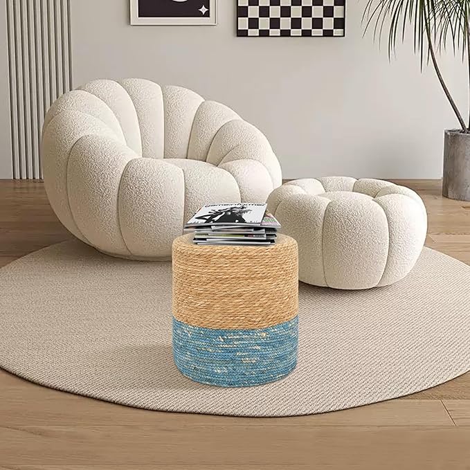 16'' Round Ottoman Natural Seagrass Braided Poof Hand Weaving Round Ottomans Boho Footrest Stool for Home Living Room Bedroom Patio(Natural&Blue)-CasaMuseHome