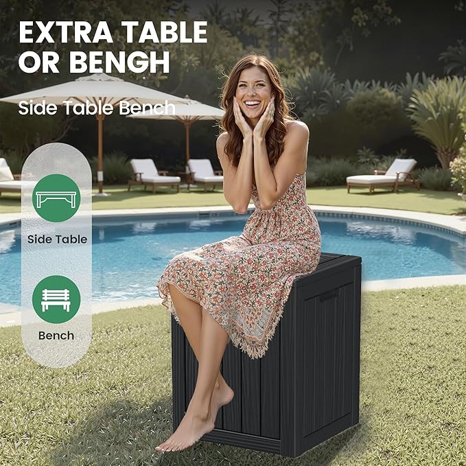 28 Gallon Outdoor Storage Box, Waterproof Durable Resin Deck Box for Indoor & Outdoor Use, Lockable Outdoor Bench, Deck Bin for Patio Furniture, Deliveries, Pool Supplies, Black-CasaMuseHome