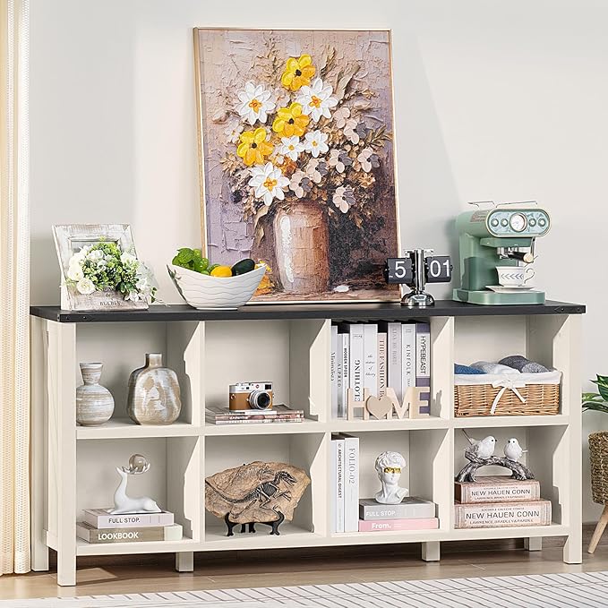 8 Cube Book Shelf, Farmhouse Wood Long Storage Organizer Bookcase, 62" Horizontal Antique White & Black Console Bookshelf, Kids Toy Storage Cabinet, Modern Open Book Case for Playroom, Office-CasaMuseHome