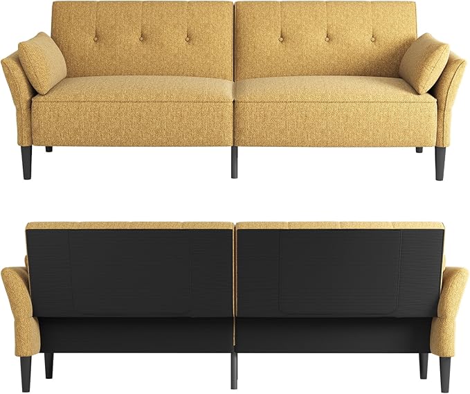 89” Futon Sofa Bed, Linen Comfy Futon Couch Bed with 2 Square Pillows, Convertible Sleeper Sofa with Adjustable Backrest& Armrests, Modern Loveseat Sleeper for Living Room, Bedroom, Yellow-CasaMuseHome