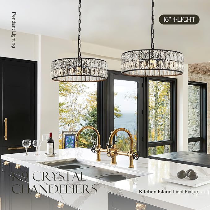 16” 4-Light Modern Crystal Chandeliers Black Dinning Room Light Fixture, Round Pendant Light Kitchen Island Chandelier, Flush Mount Ceiling Light for Living Room Entryway Bedroom Foyer-CasaMuseHome