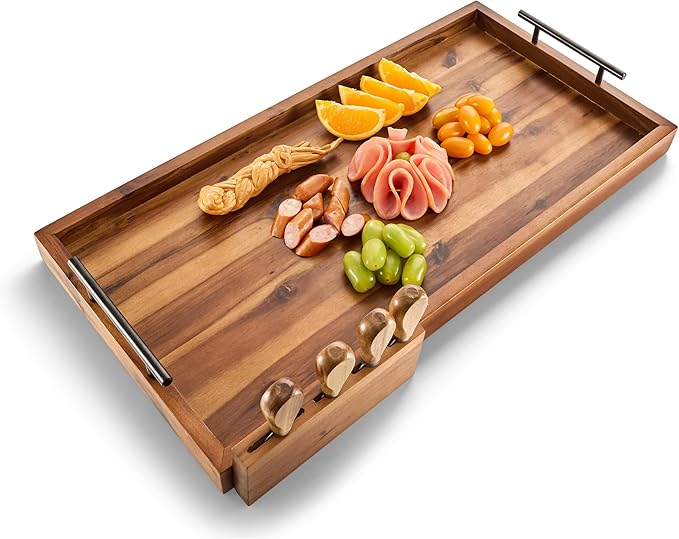 24" Large Charcuterie Tray with Handles, Extra Long Wooden Serving Cheese Boards - Serving Platter for Meat, Party Appetizers, Outdoor & Fruits Display (Acacia Wood)-CasaMuseHome