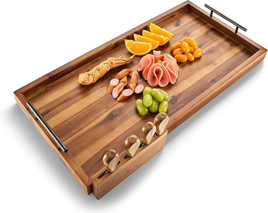24" Large Charcuterie Tray with Handles, Extra Long Wooden Serving Cheese Boards - Serving Platter for Meat, Party Appetizers, Outdoor & Fruits Display (Acacia Wood)-CasaMuseHome