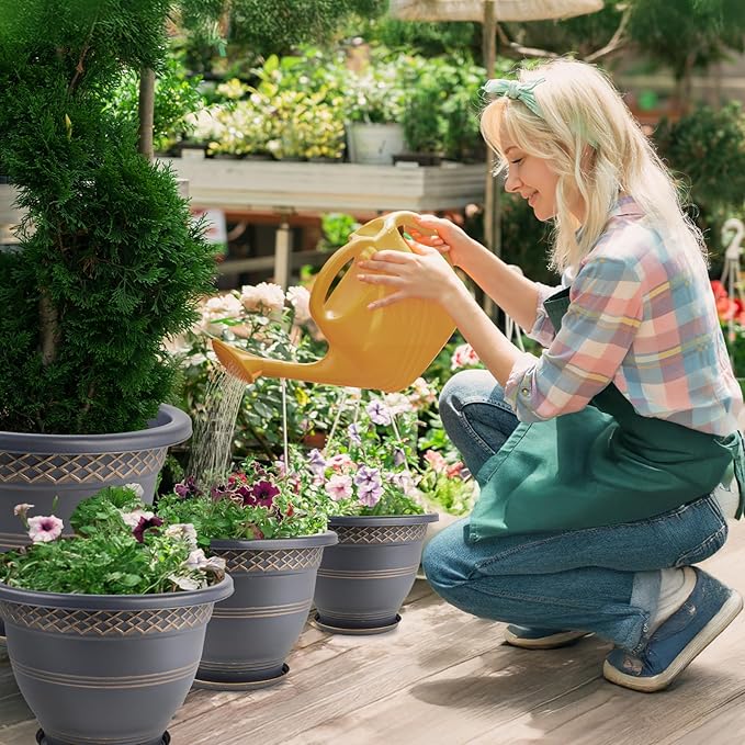 4 Pack 12 Inch Large Plant Pots, Plastic Flower Pot for Indoor & Outdoor with Drainage Holes & Saucer, Plaid Pattern Planters Garden Pots for Herbs-CasaMuseHome